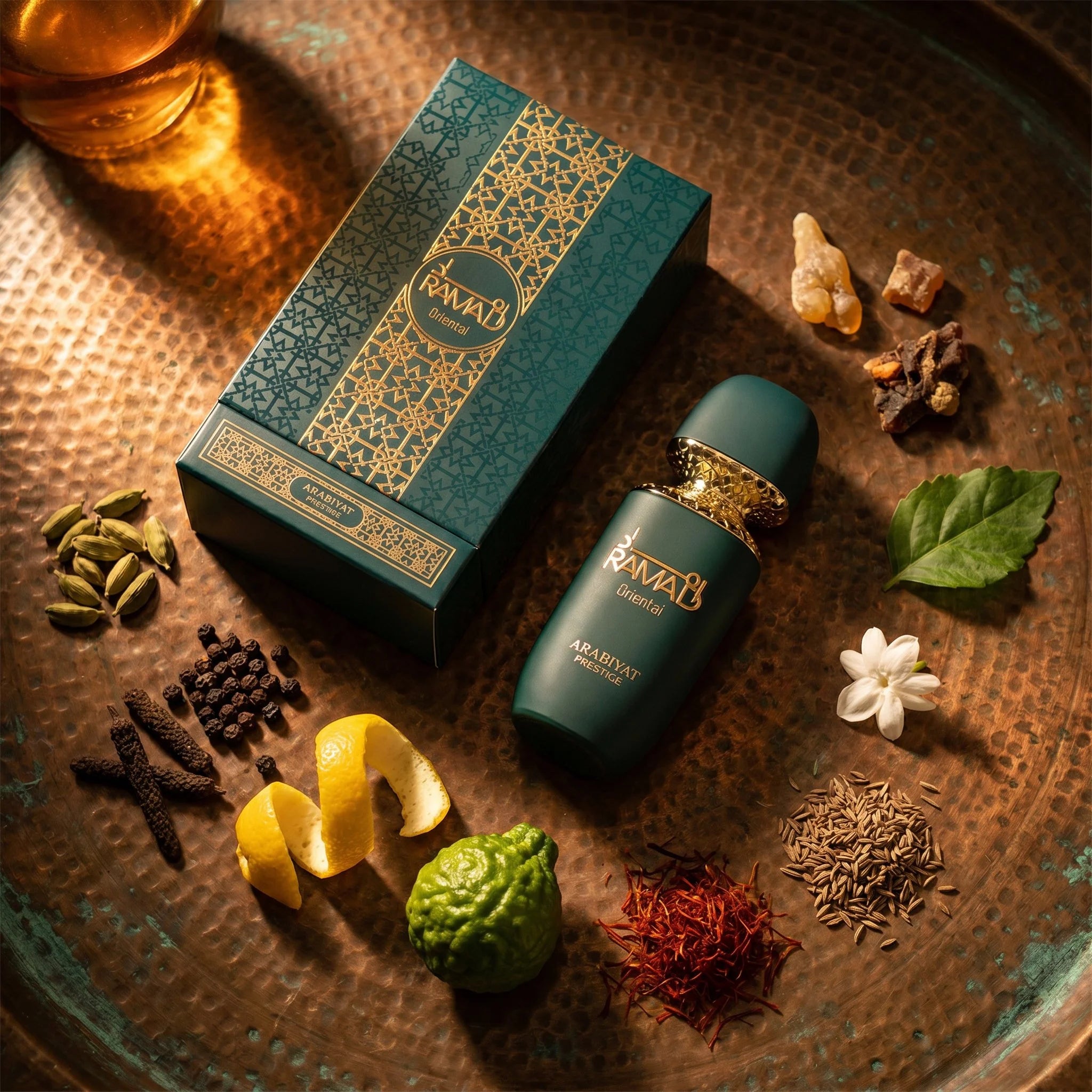 Arabiyat Prestige Ramad Oriental EDP bottle and box flatlay with saffron, cardamom, bergamot, cumin, jasmine on copper tray
