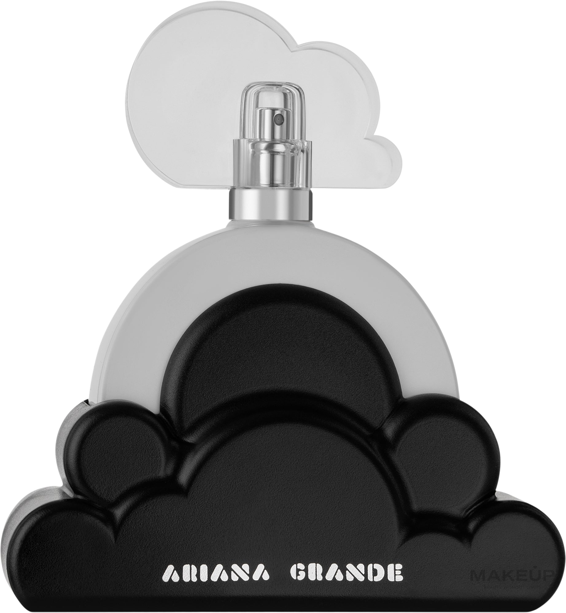 Perfume bottle shaped like a cloud with 'Ariana Grande' branding on a white background