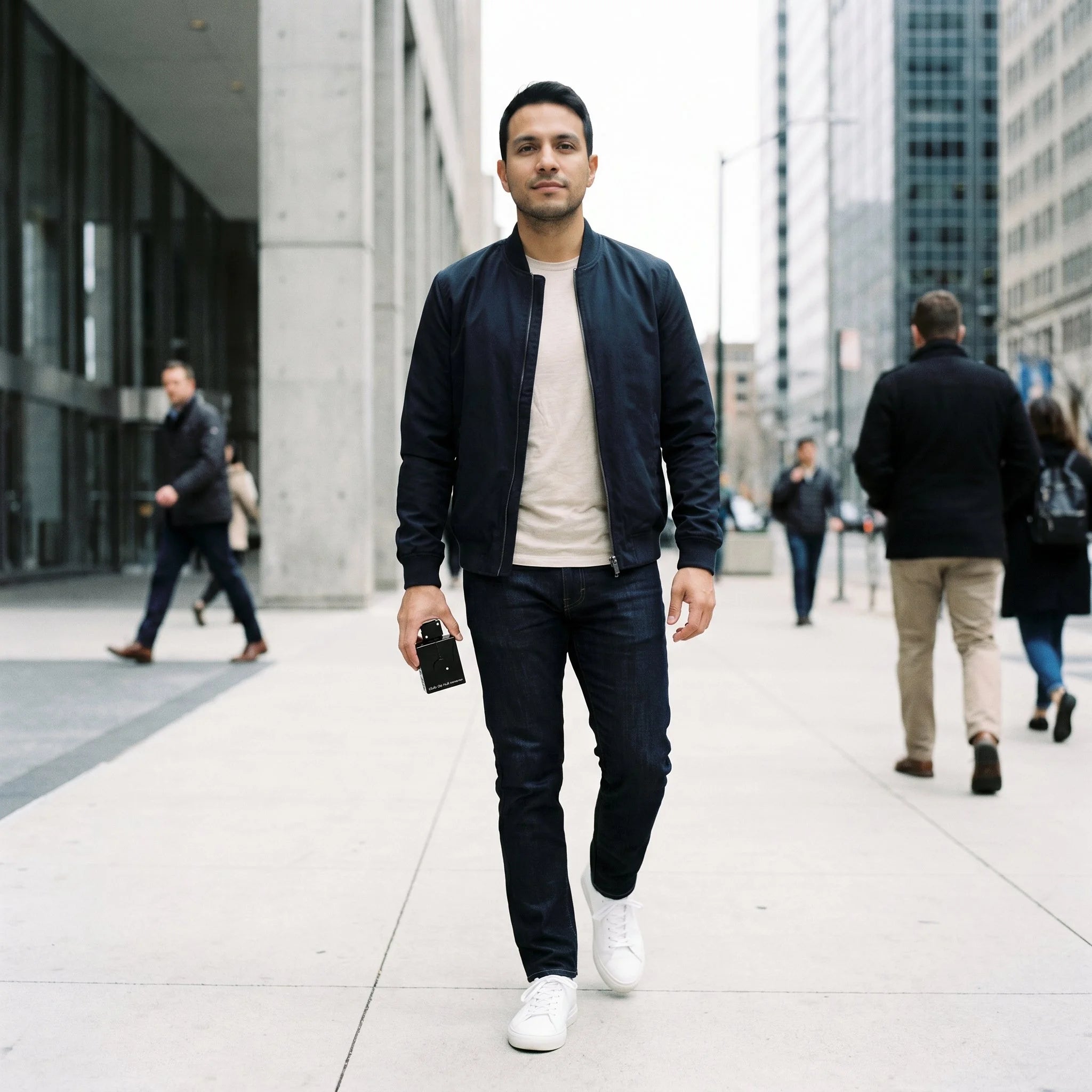 Man walking city street holding Armaf Club de Nuit Intense Man EDT, urban daytime lifestyle shot

