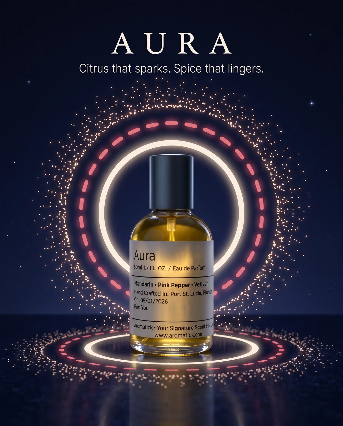 Aromatick Aura eau de parfum bottle glowing inside a ring of light on a dark night-sky backdrop.