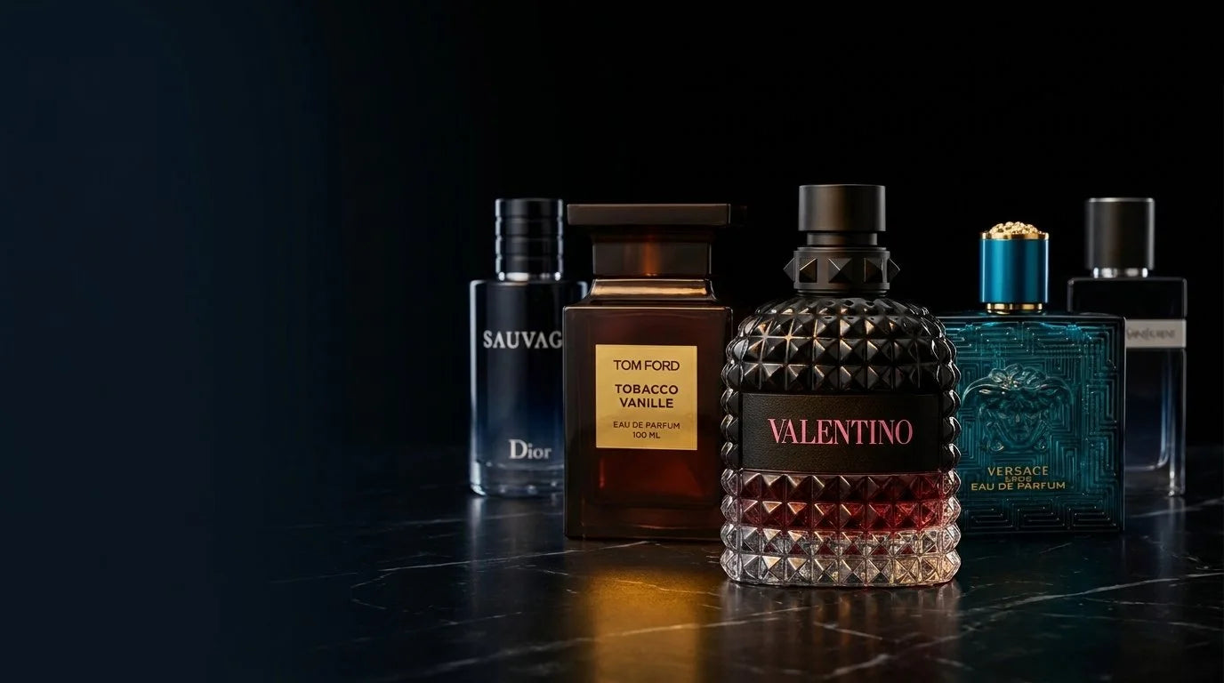 Collection of men's fragrances on a dark background