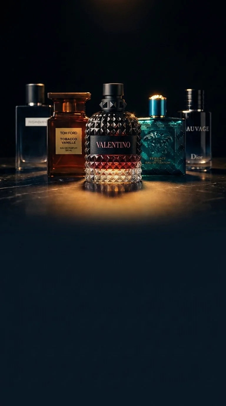 Collection of perfume bottles on a dark surface with a spotlight effect.