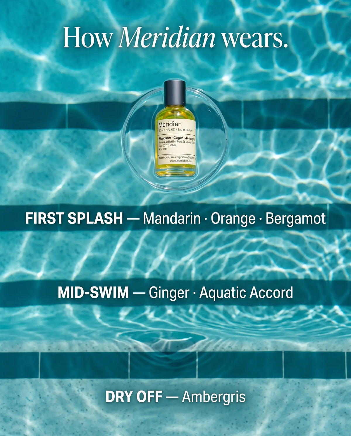 How Aromatick Meridian wears: mandarin and bergamot opening, ginger-aquatic heart, ambergris dry down.