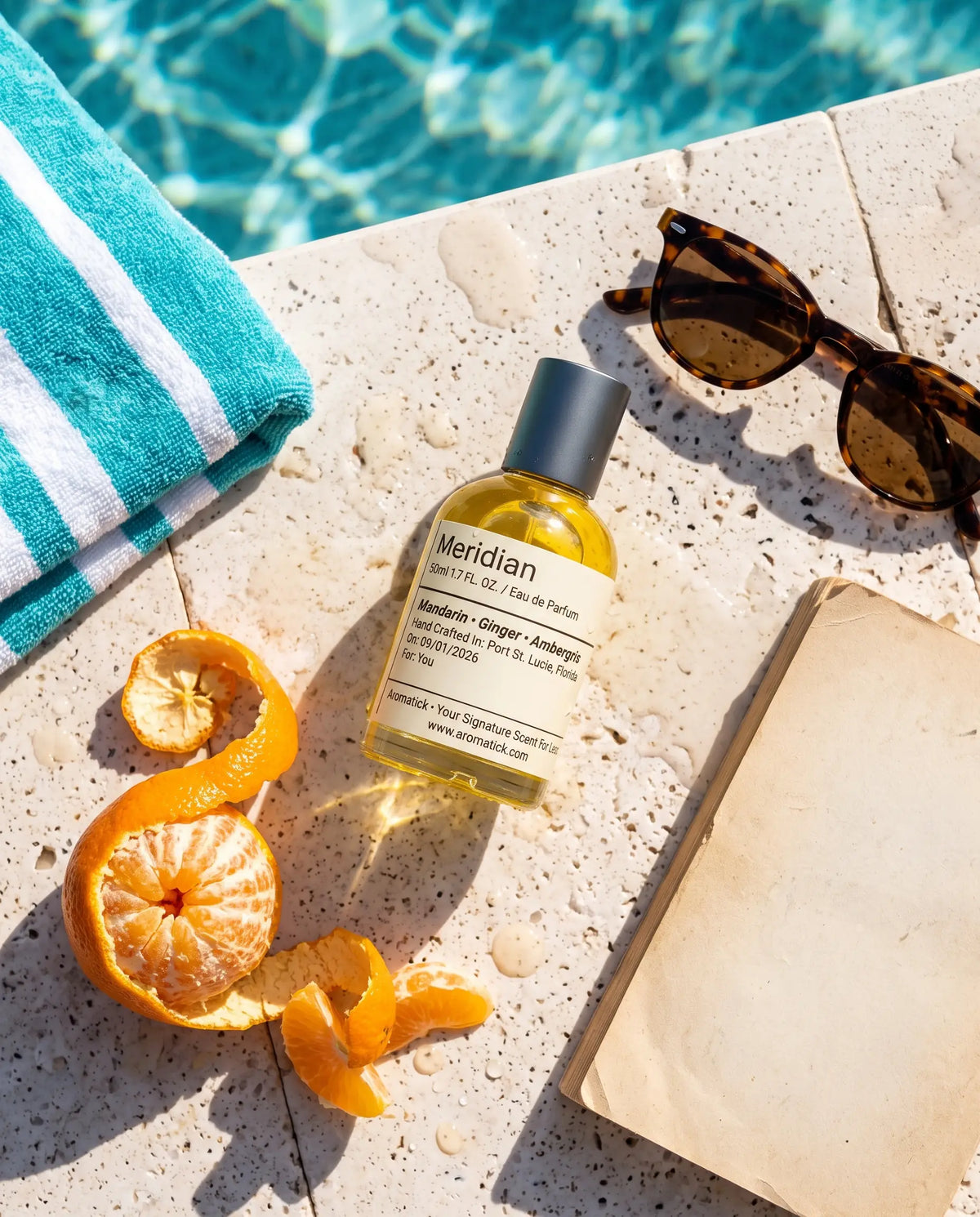Aromatick Meridian citrus aquatic perfume on travertine with peeled mandarin, sunglasses and a beach towel.