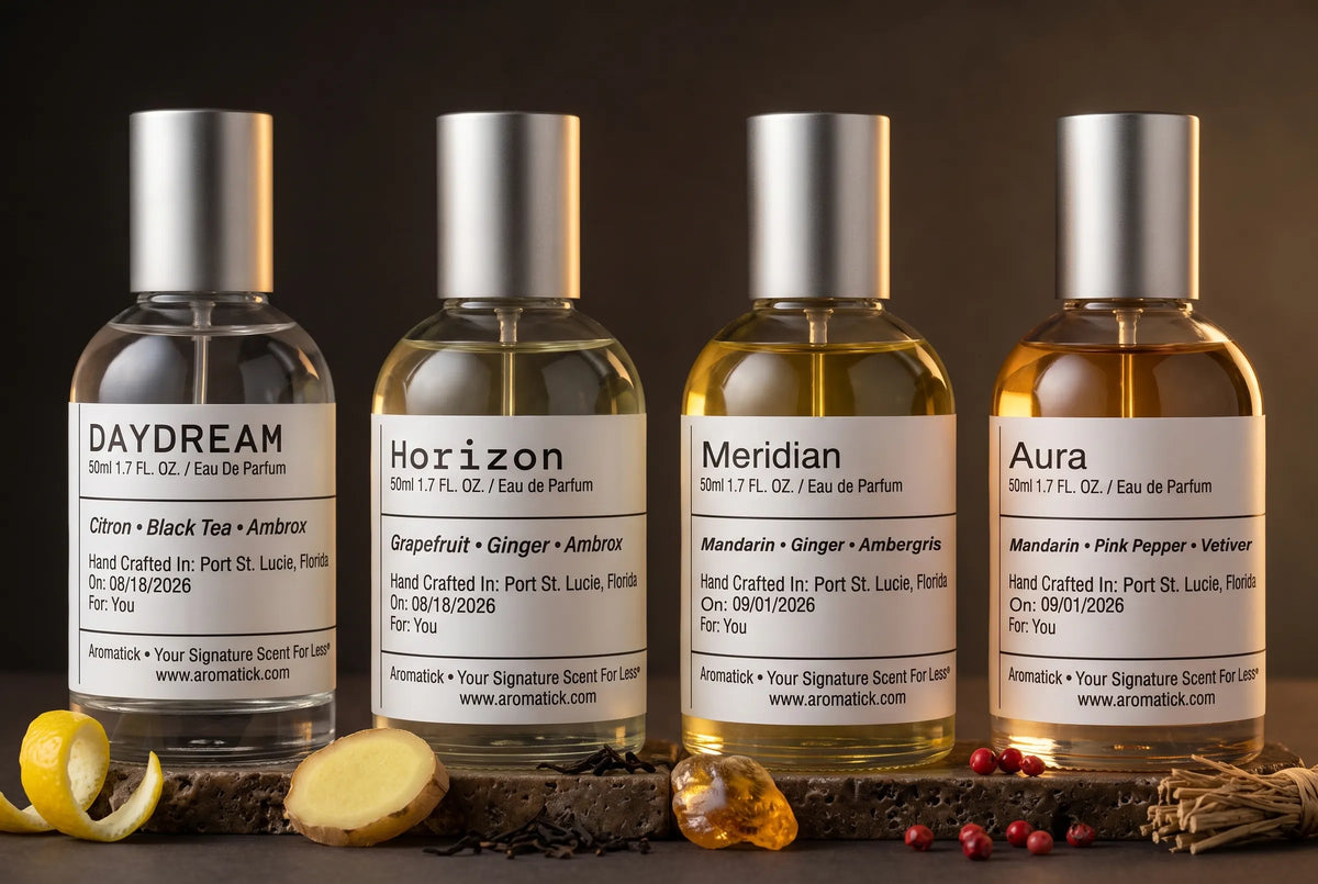 Aromatick Originals Daydream, Horizon, Meridian and Aura eau de parfum bottles