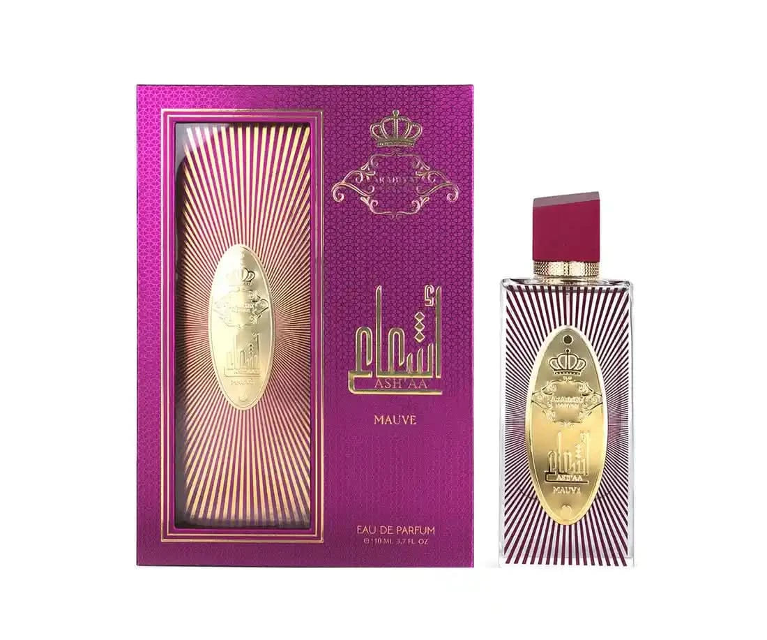 Perfume bottle and packaging with gold and purple design on a white background