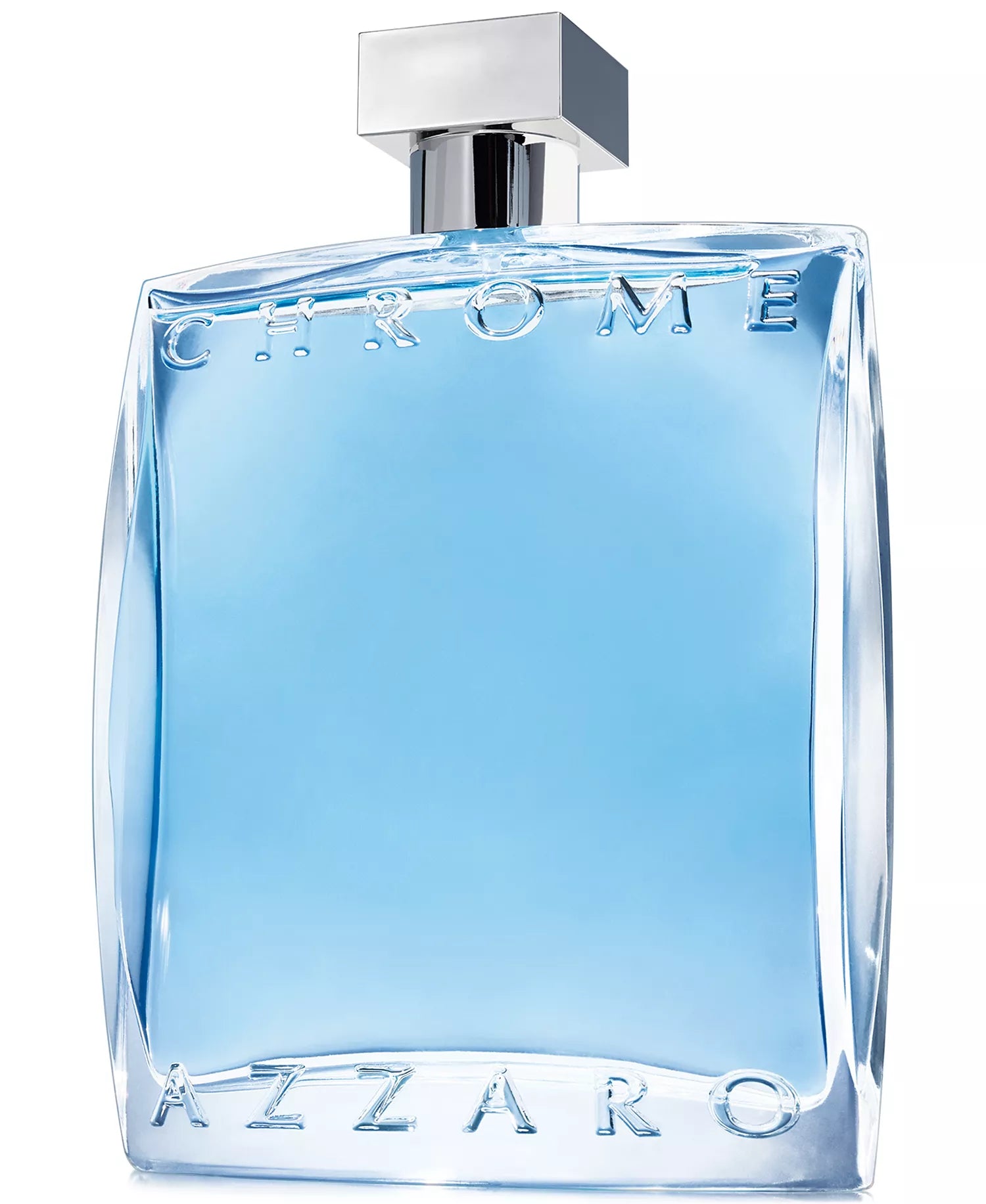 Azzaro Chrome perfume bottle with blue glass and silver cap on a white background