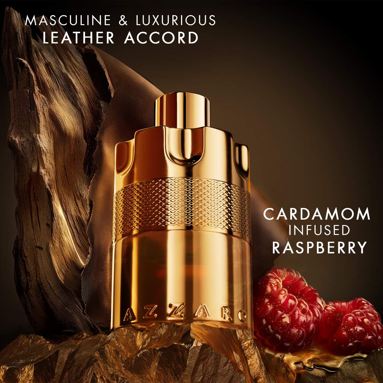 Gold perfume bottle with cardamom and raspberry on a dark background