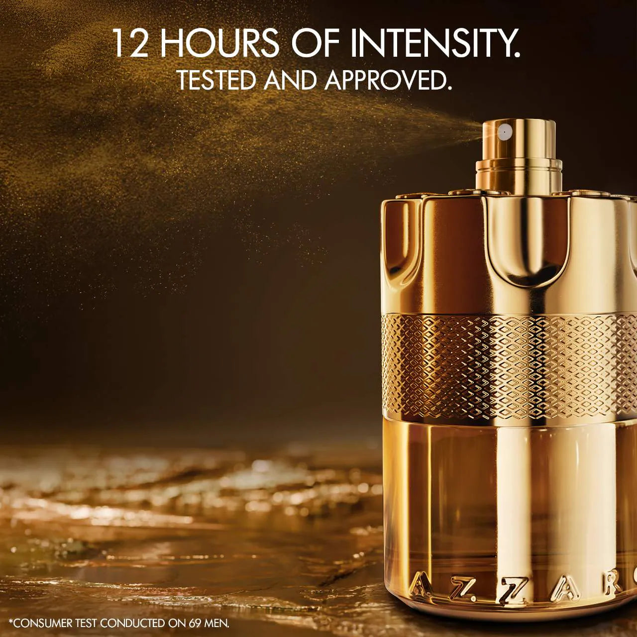 Gold Zippo lighter on a dark background with text about intensity and approval.
