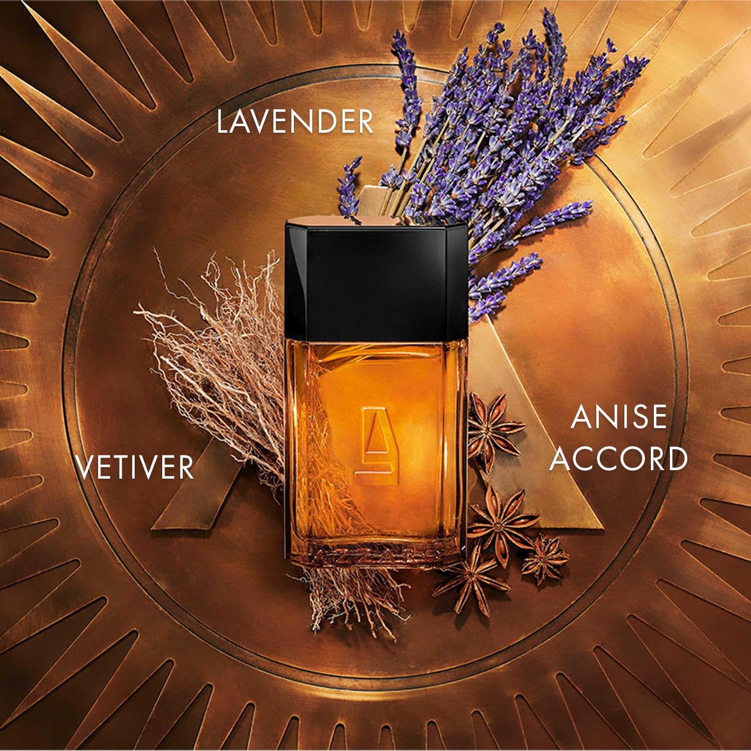 Perfume bottle with lavender, vetiver, and anise accord on a decorative background