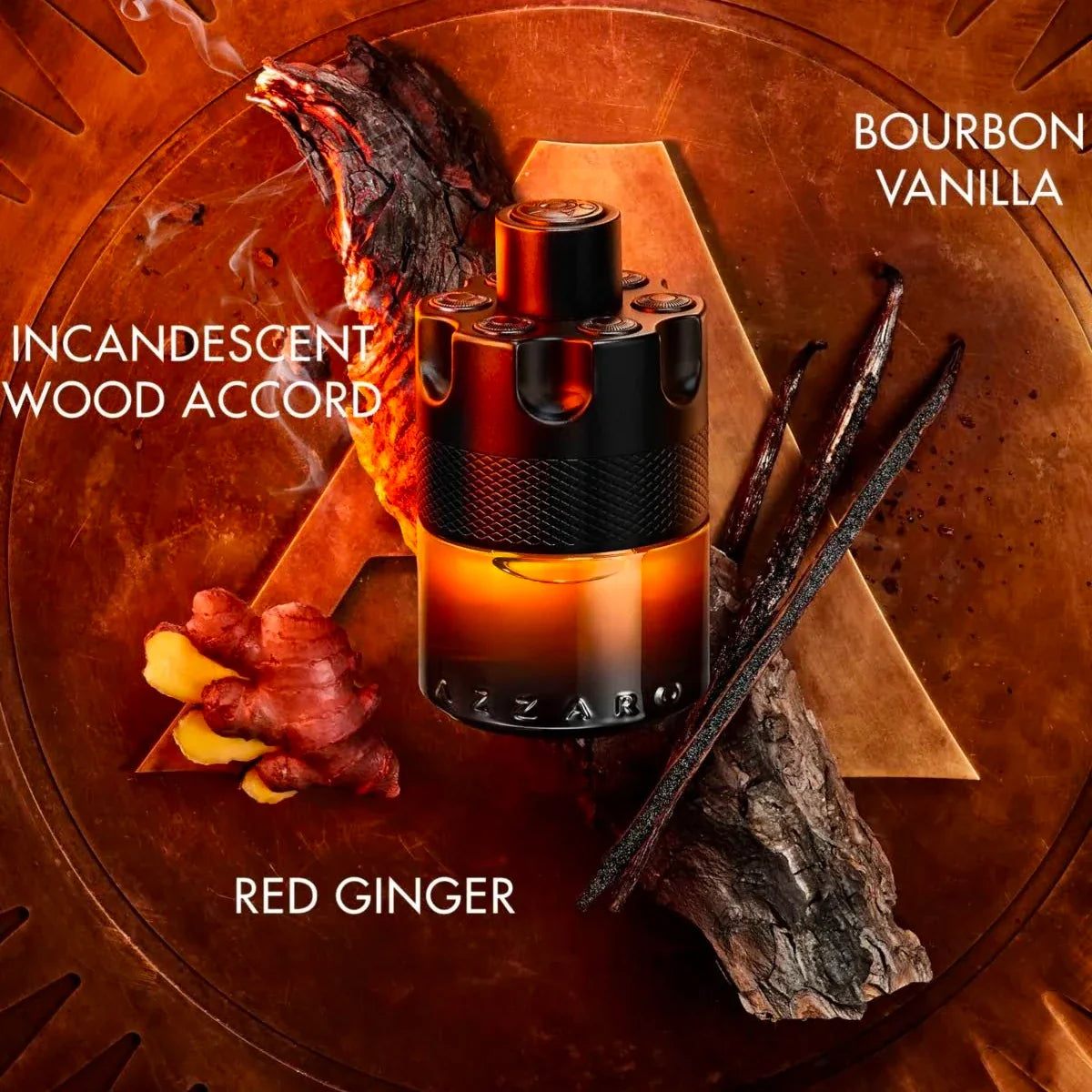 Perfume bottle with ingredients and text describing fragrance notes on a wooden background