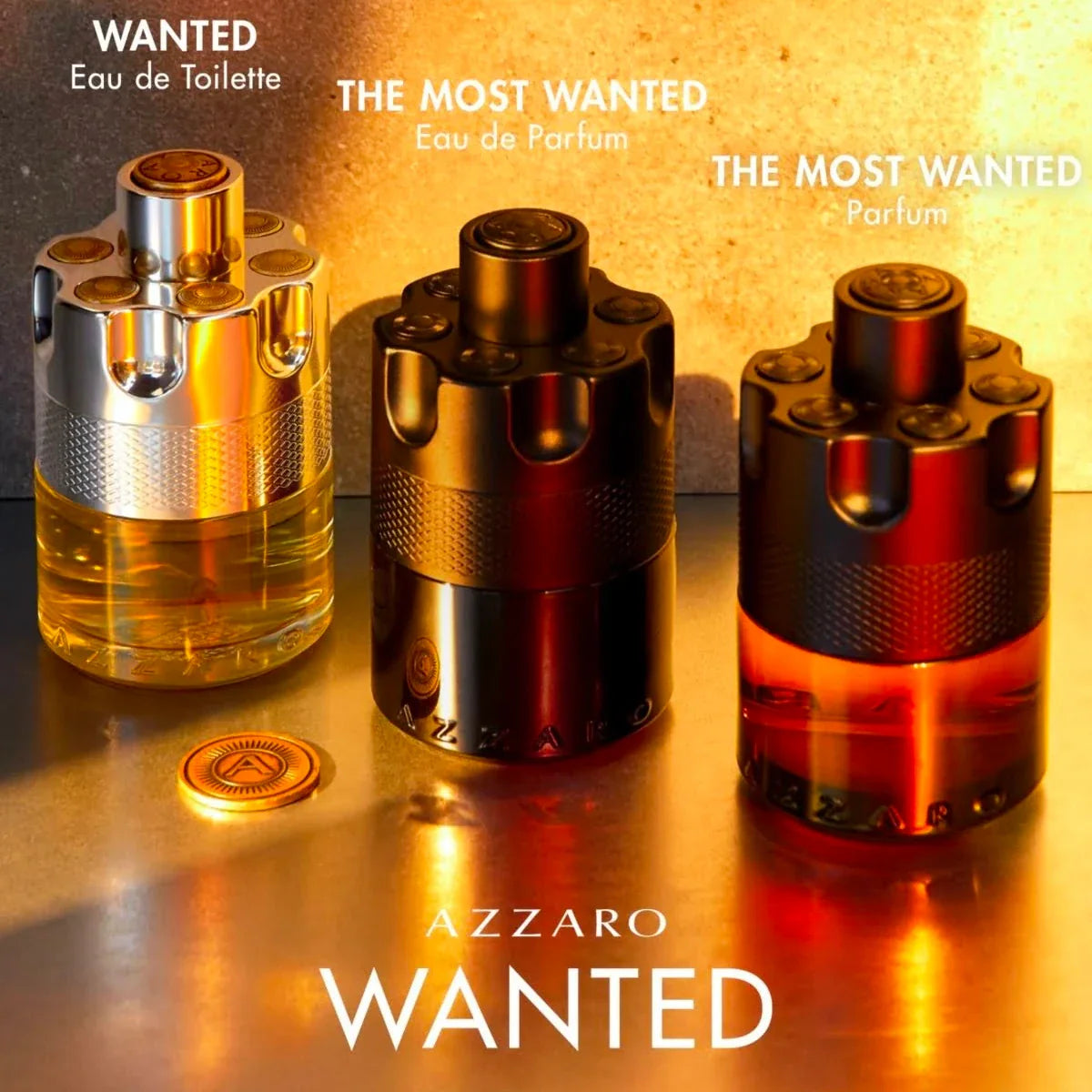 Three Azzaro Wanted perfume bottles on a reflective surface with 'Wanted' branding.