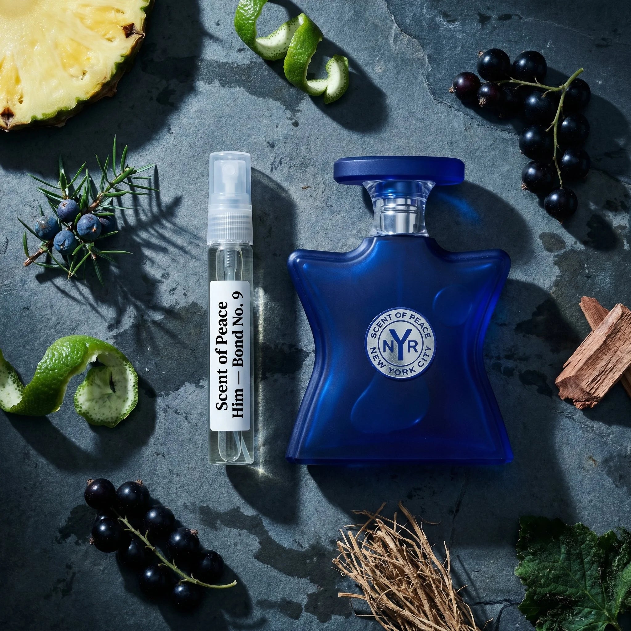 Bond No 9 Scent of Peace for Him bottle and decant on dark concrete with pineapple juniper bergamot cedar vetiver patchouli fragrance notes flatlay