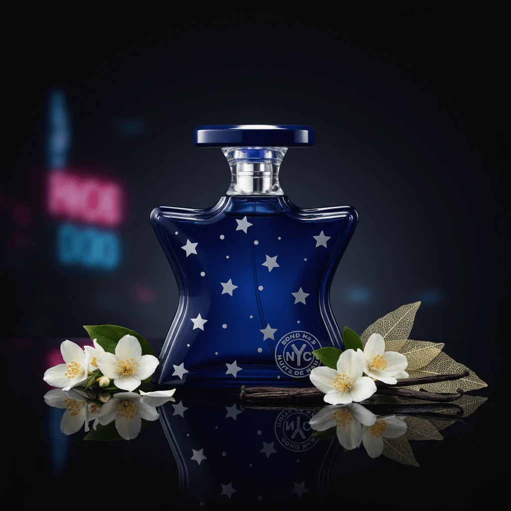 Blue star-patterned perfume bottle with flowers on a dark background