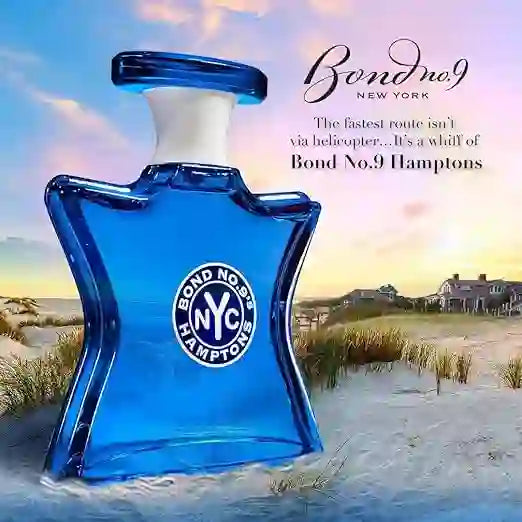 Blue Bond No. 9 perfume bottle with a beach scene in the background
