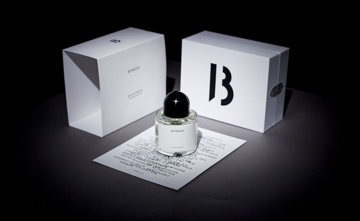 Byredo Niche Fragrances collection hero banner featuring an open box and a bottle of Byredo perfume with a list of scent notes on a card.