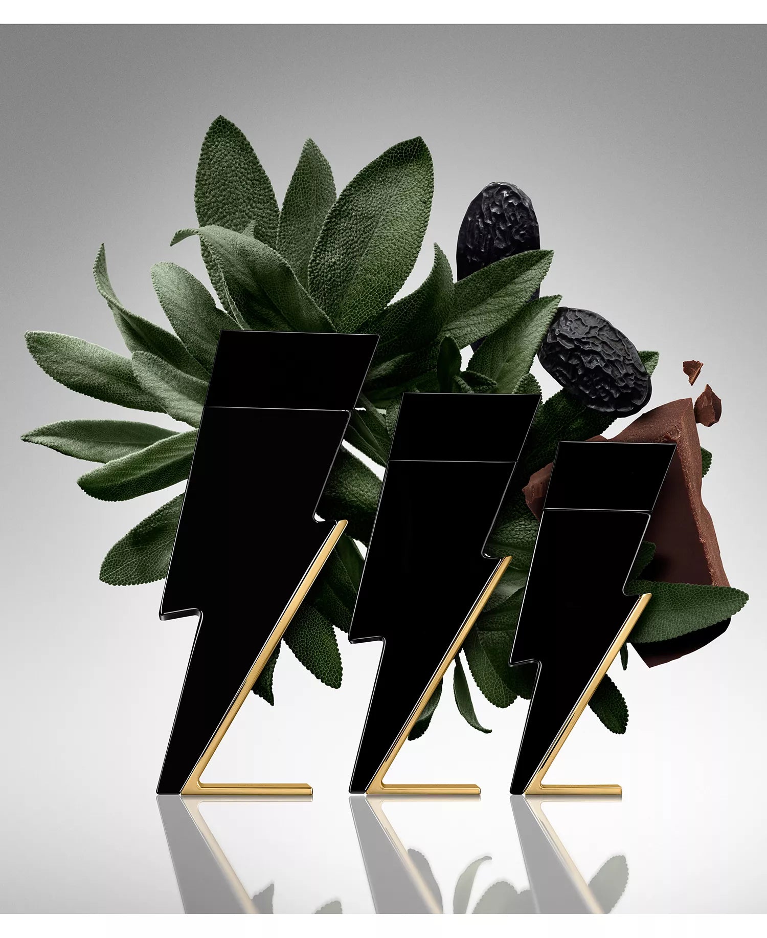 Three black and gold decorative items resembling lightning bolts on a gray background with green leaves and dark fruits.