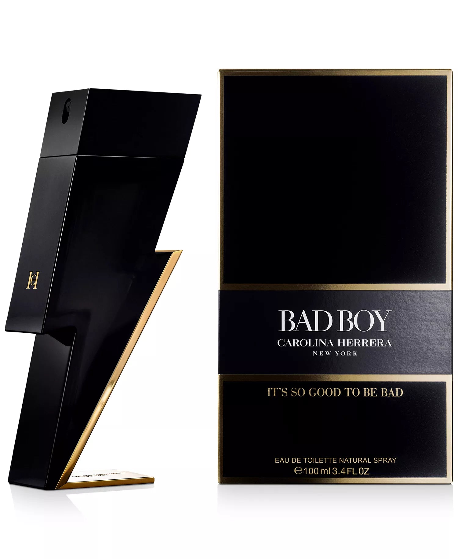 Black and gold Carolina Herrera Bad Boy perfume bottle and packaging on a white background