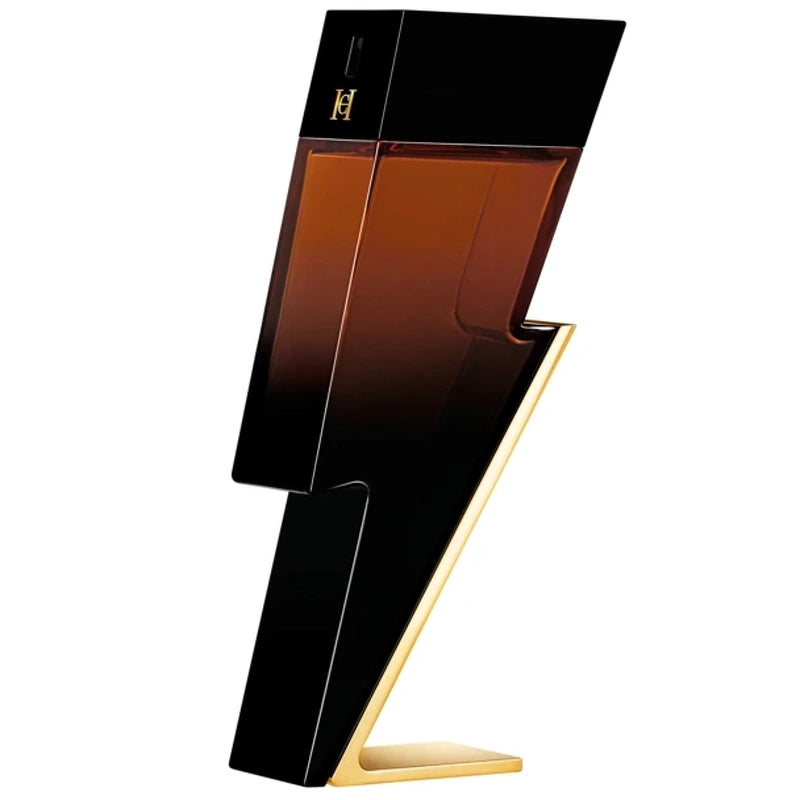 Black and gold perfume bottle on a white background