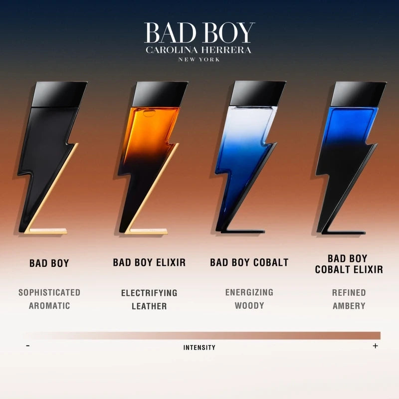 Carolina Herrera Bad Boy fragrance collection with four different scents on a gradient background.