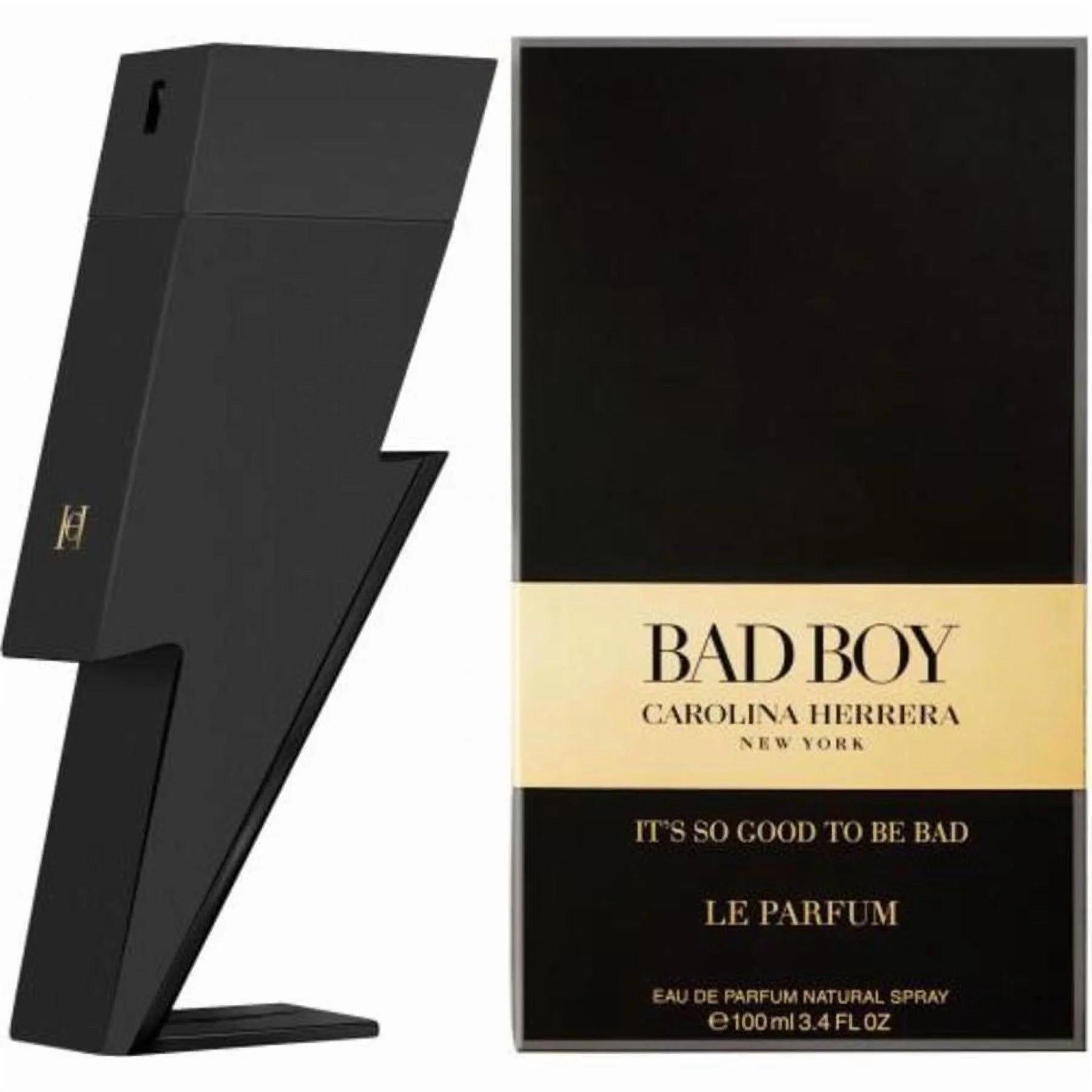Black and gold Carolina Herrera Bad Boy perfume packaging