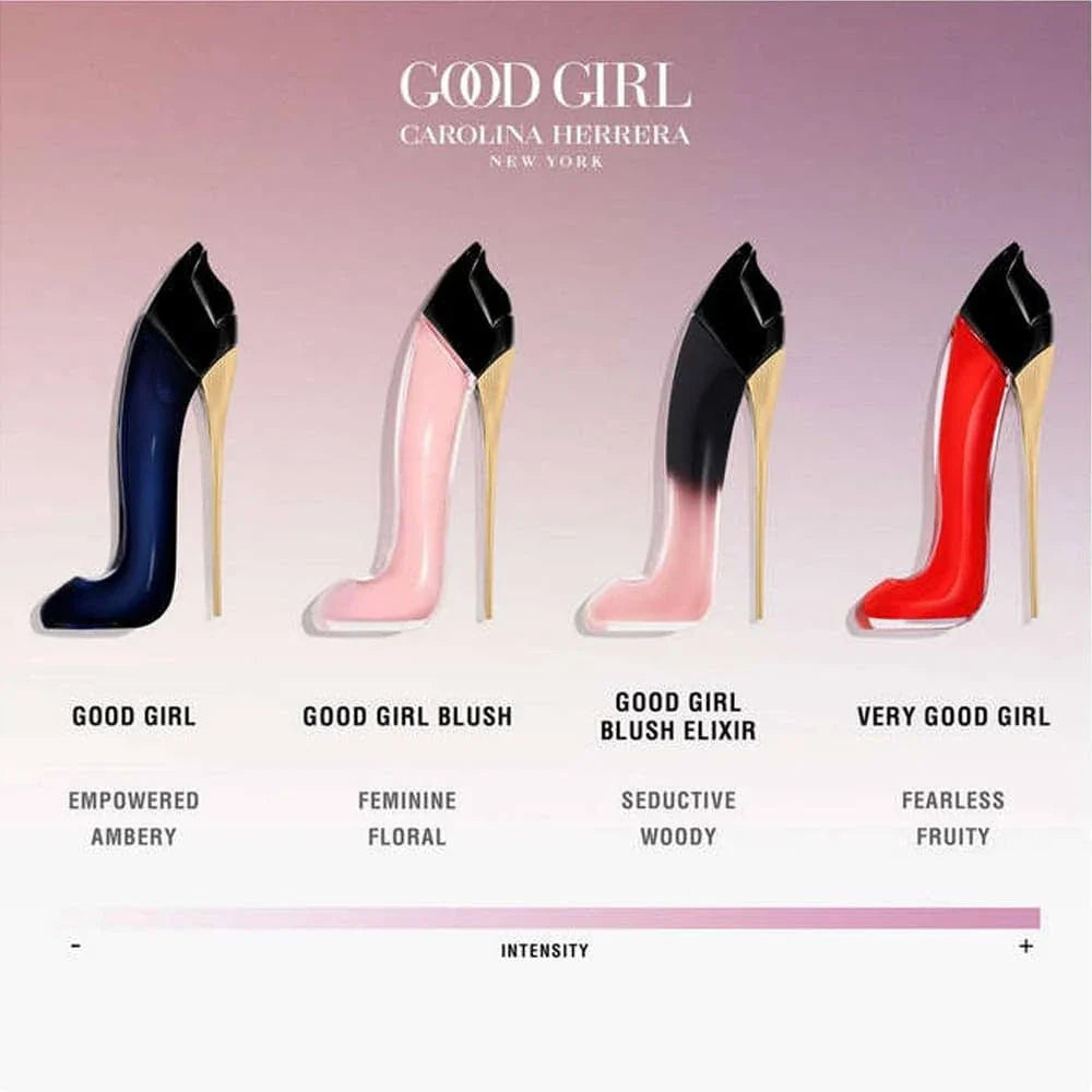 Carolina Herrera Good Girl fragrance line with four different scents on a pink background.