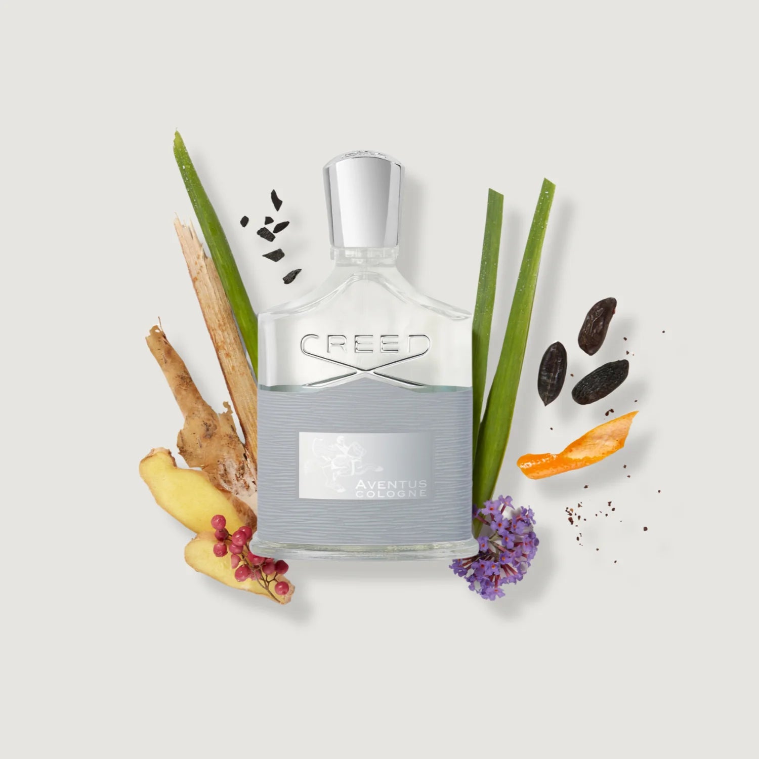 Perfume bottle with natural elements on a light background