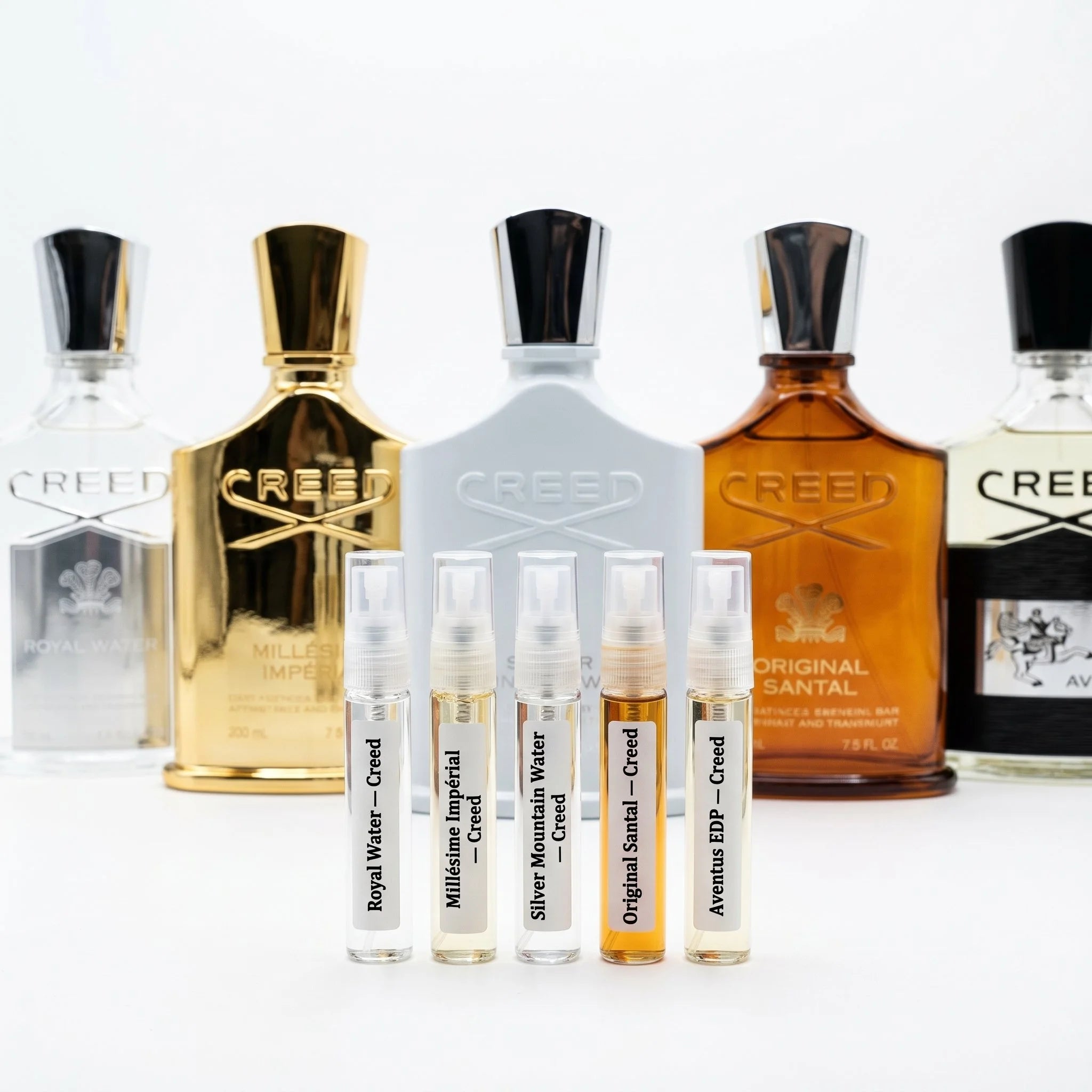 Creed Best Seller Discovery Set — Aventus EDP, Royal Water, Millésime Impérial, Silver Mountain Water, Original Santal decant bottles