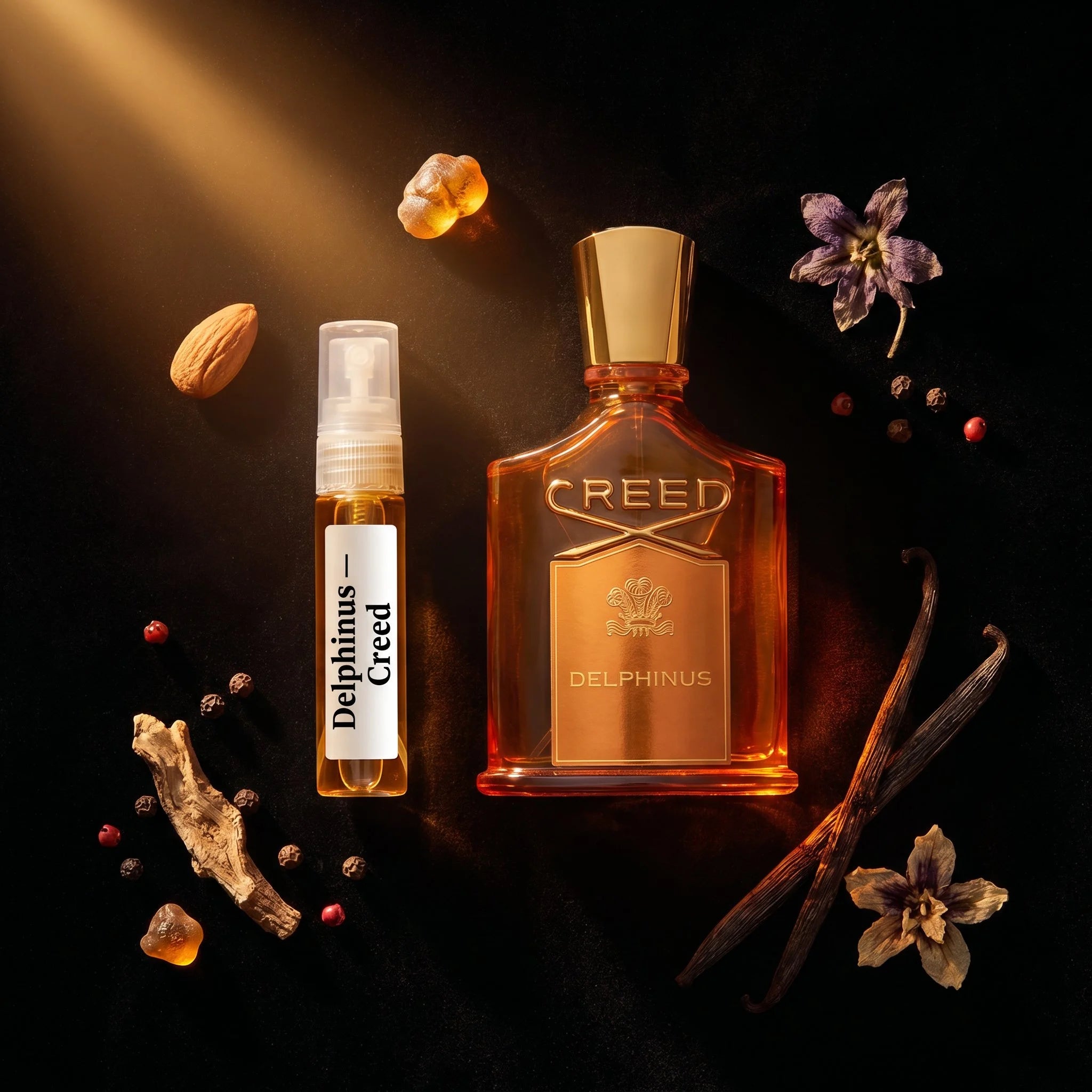 Creed Delphinus bottle and decant on black surface with almond incense orris vanilla and patchouli fragrance notes flatlay