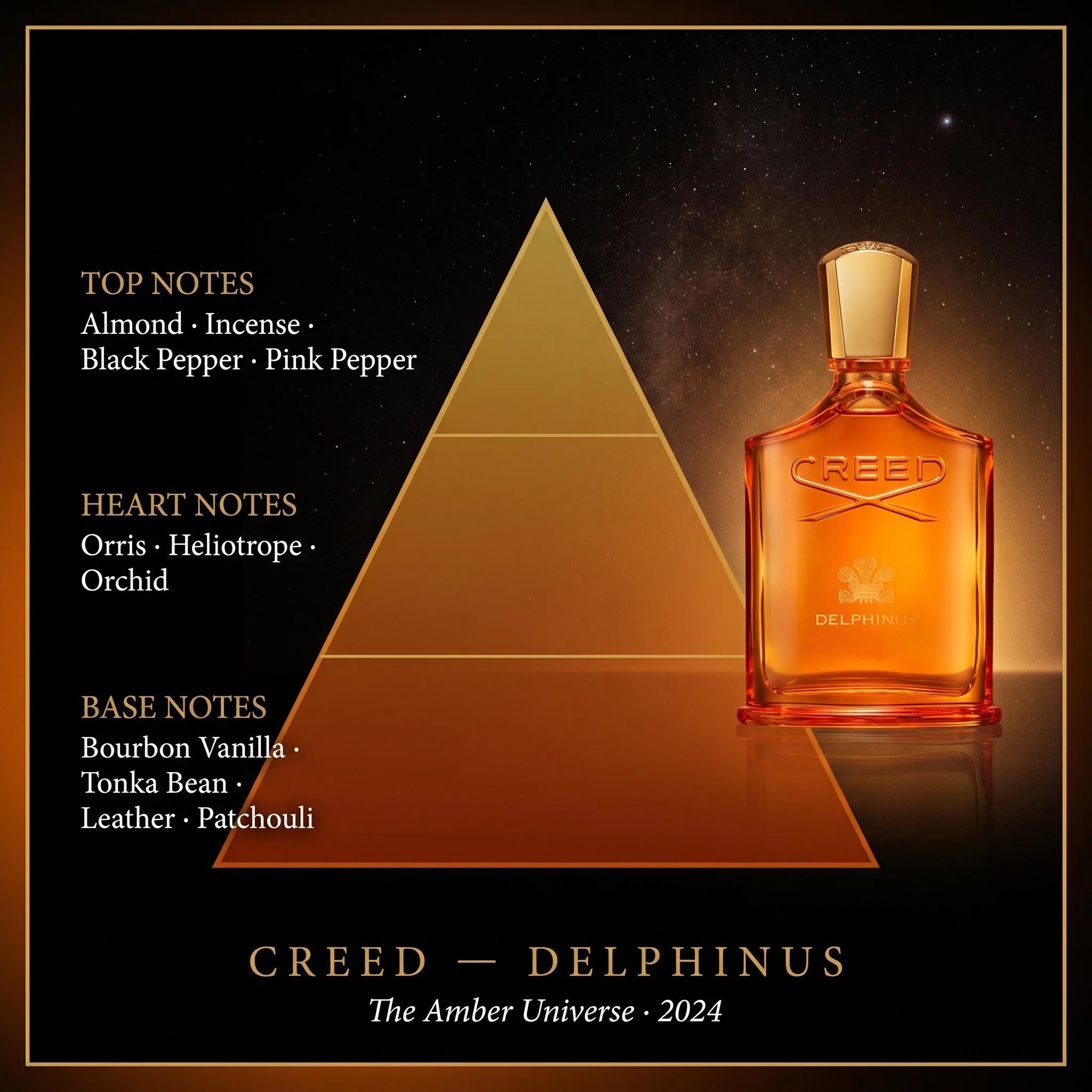 Creed Delphinus fragrance note pyramid almond incense orris bourbon vanilla patchouli on dark amber background