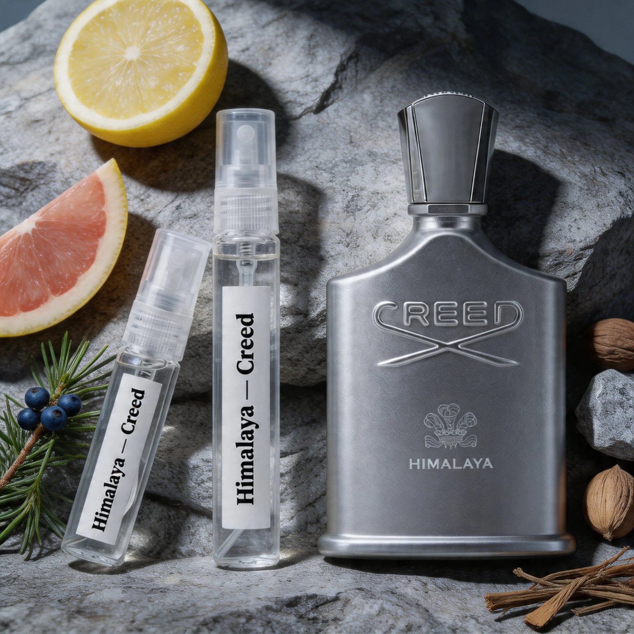 Creed Himalaya bottle and decant on mountain granite with bergamot grapefruit juniper sandalwood cedarwood vetiver fragrance notes flatlay