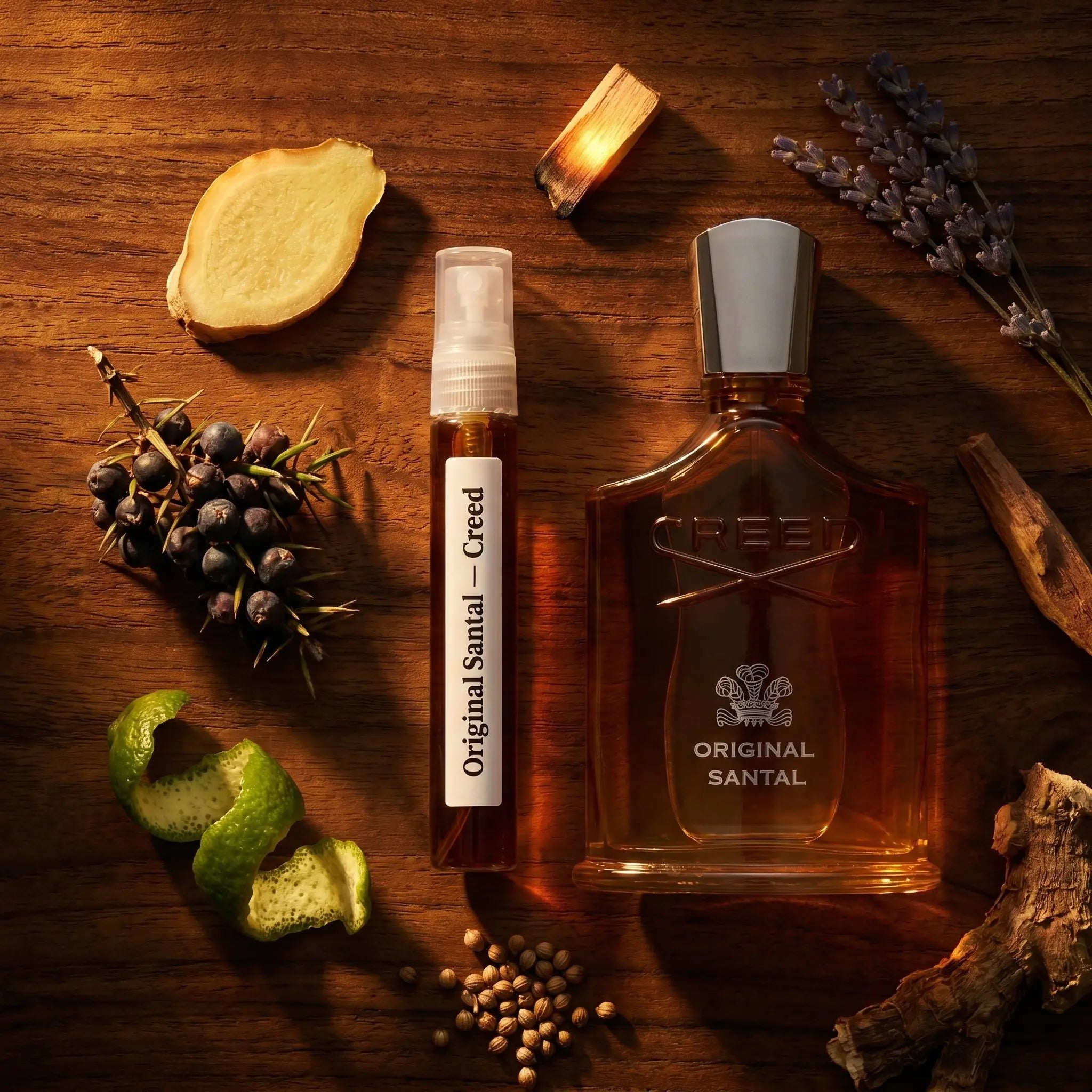 Creed Original Santal bottle and decant on dark mahogany with ginger sandalwood juniper and patchouli fragrance notes flatlay