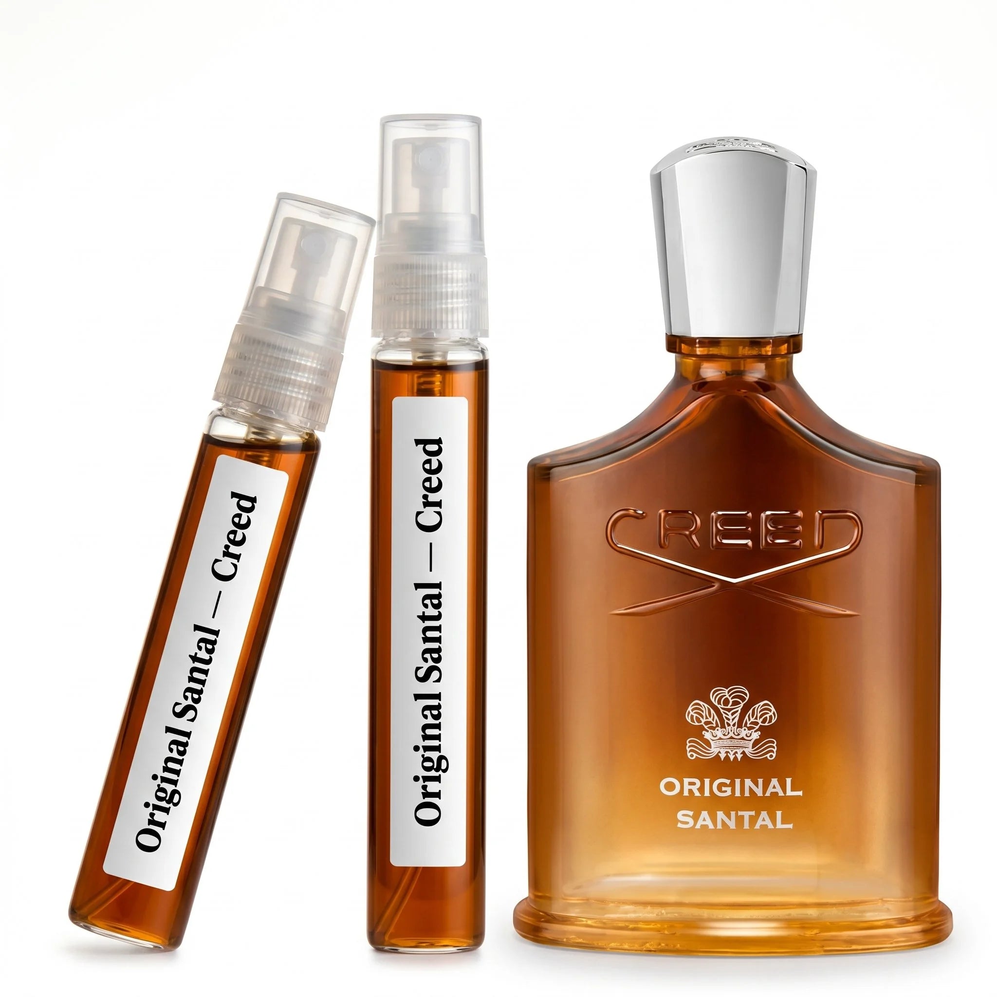 Creed Original Santal decant vials with amber brown bottle on white background luxury niche fragrance photography