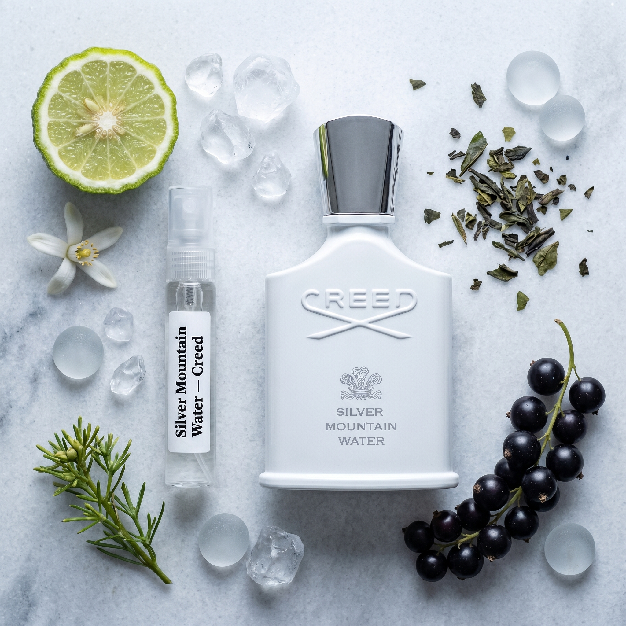 Creed Silver Mountain Water bottle and decant on alpine stone with bergamot blackcurrant green tea and neroli fragrance notes flatlay