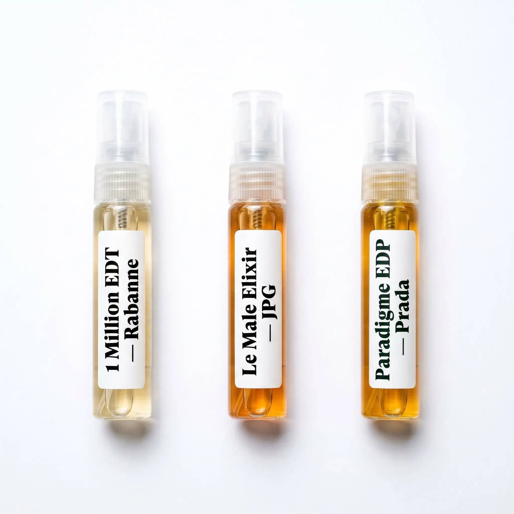 The Crowd Pleaser Set — 1 Million EDT, Le Male Elixir and Paradigme EDP 5ml decants overhead
