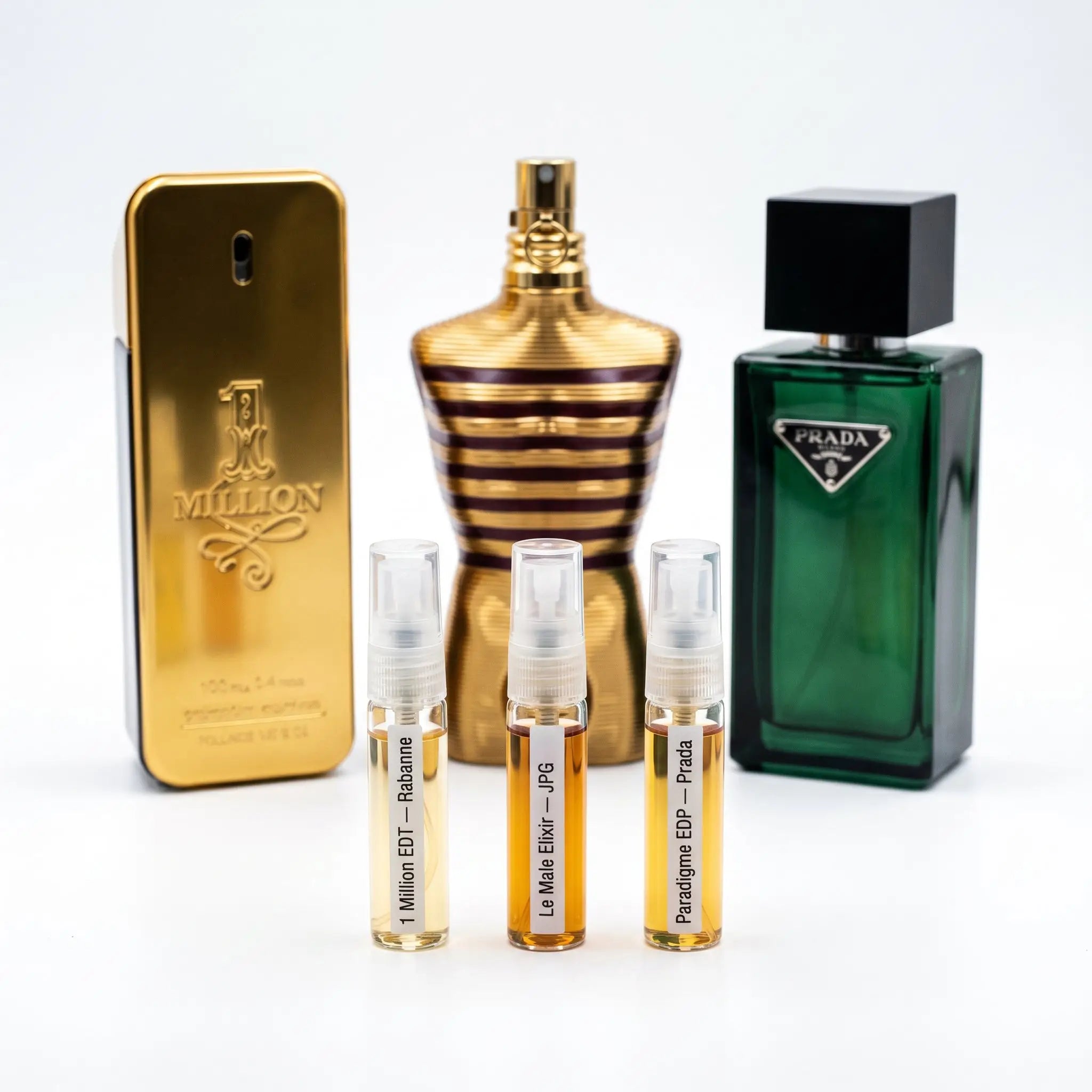 Crowd Pleaser Set hero — Rabanne 1 Million, JPG Le Male Elixir and Prada Paradigme with decants
