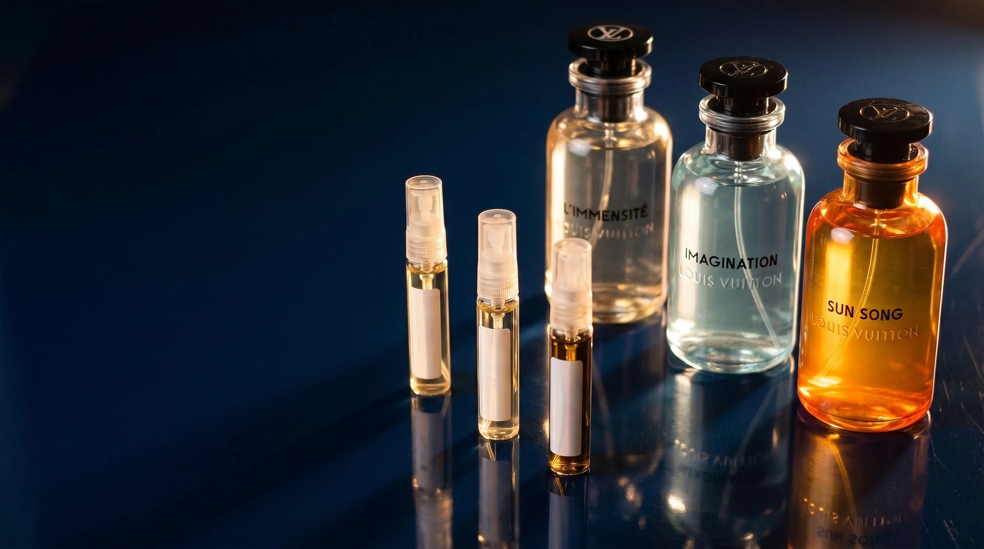 Louis Vuitton L'Immensite, Imagination, and Sun Song fragrance decants with full bottles — designer decants from Aromatick
