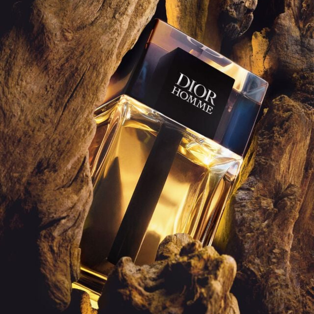 Dior Homme perfume bottle on a textured stone background