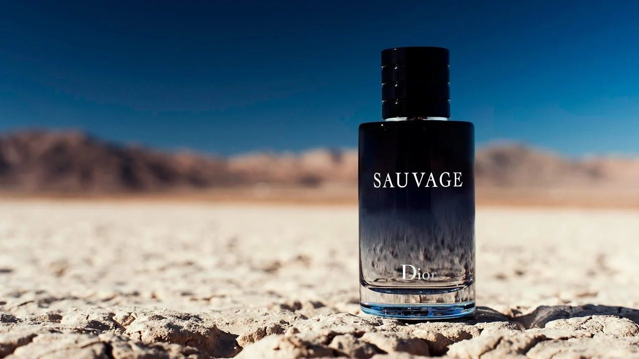 Dior Sauvage cologne bottle in desert landscape - men's Eau de Toilette fragrance