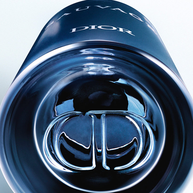 Close-up of a blue Dior product with logo