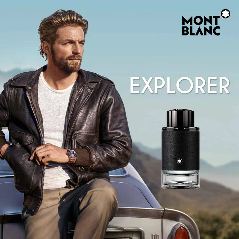 Man in leather jacket sitting on a car with Mont Blanc Explorer perfume bottle displayed.
