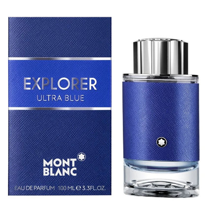 Montblanc Explorer Ultra Blue perfume bottle and packaging on a white background