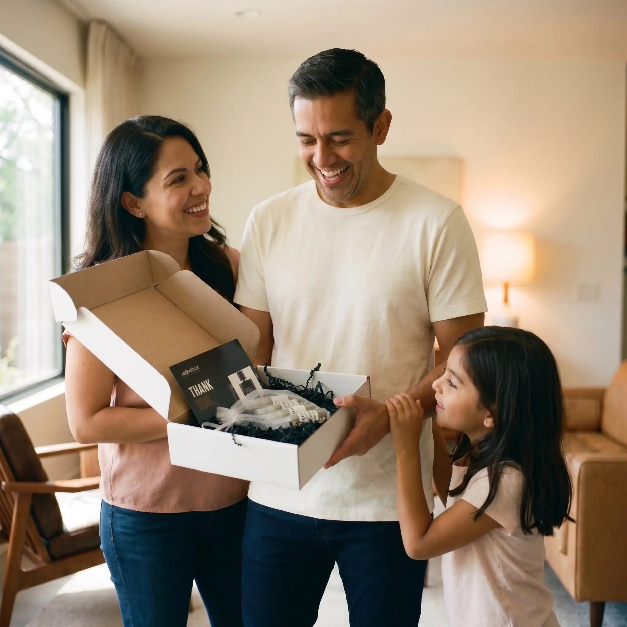 Family of three opening a box together in a living room.