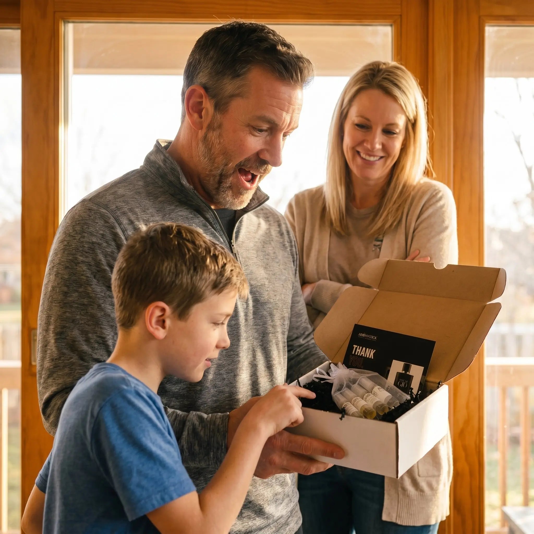 Father's Day fragrance gift unboxing — dad and family opening Aromatick decant bundle