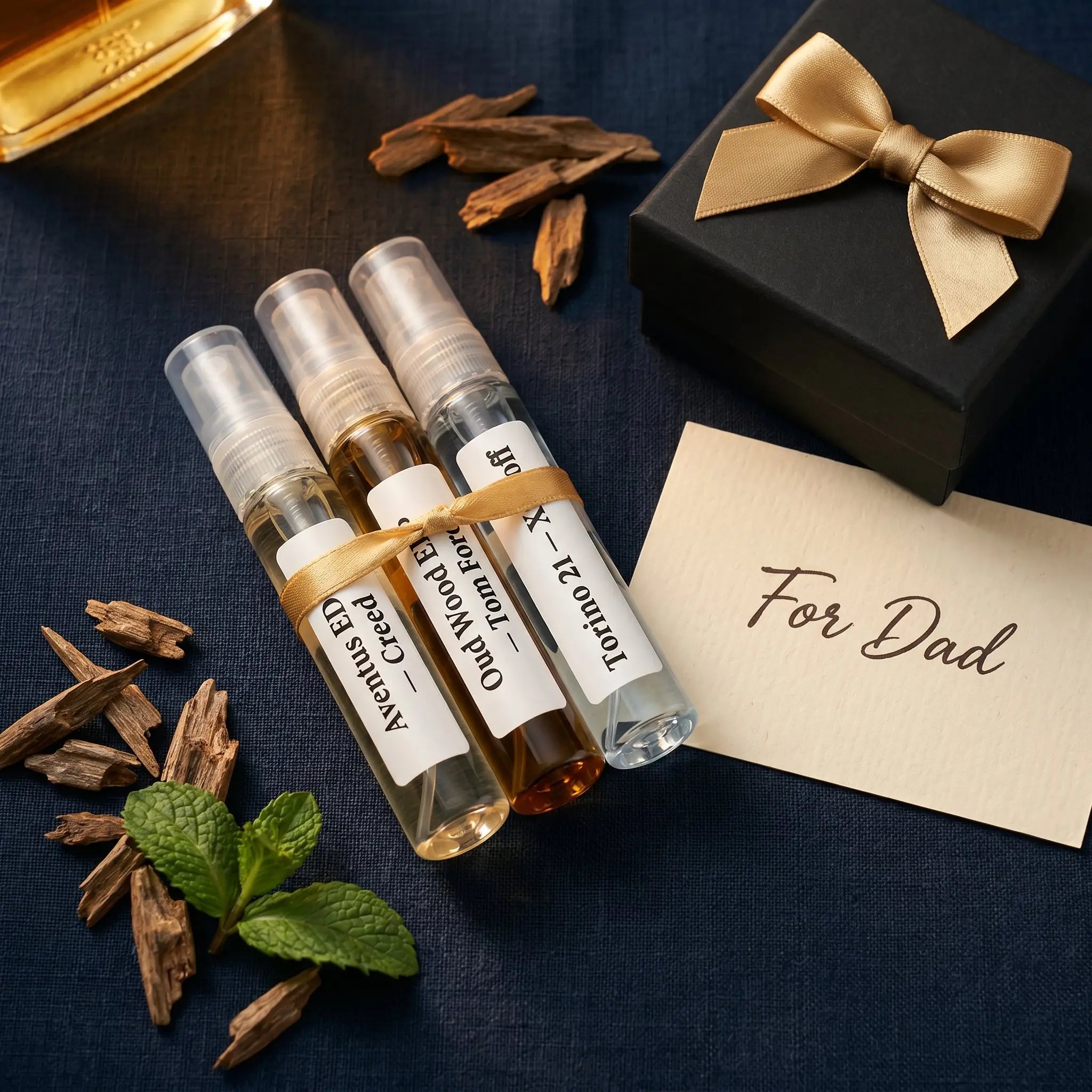 Father's Day Legend Set decant bundle with gift box, For Dad card and oud wood chips on navy
