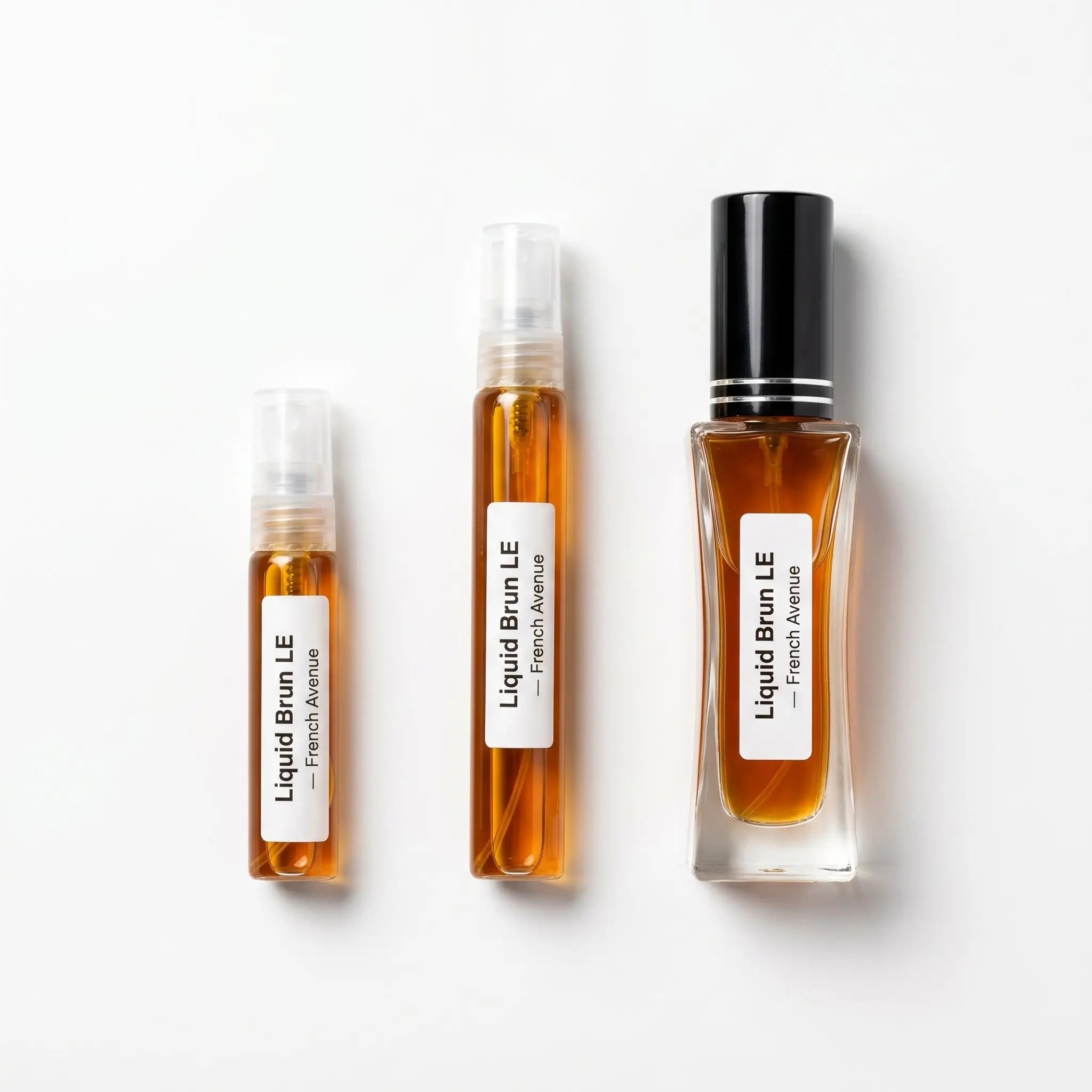 French Avenue Liquid Brun LE decant sizes 5ml 10ml and 20ml on white background
