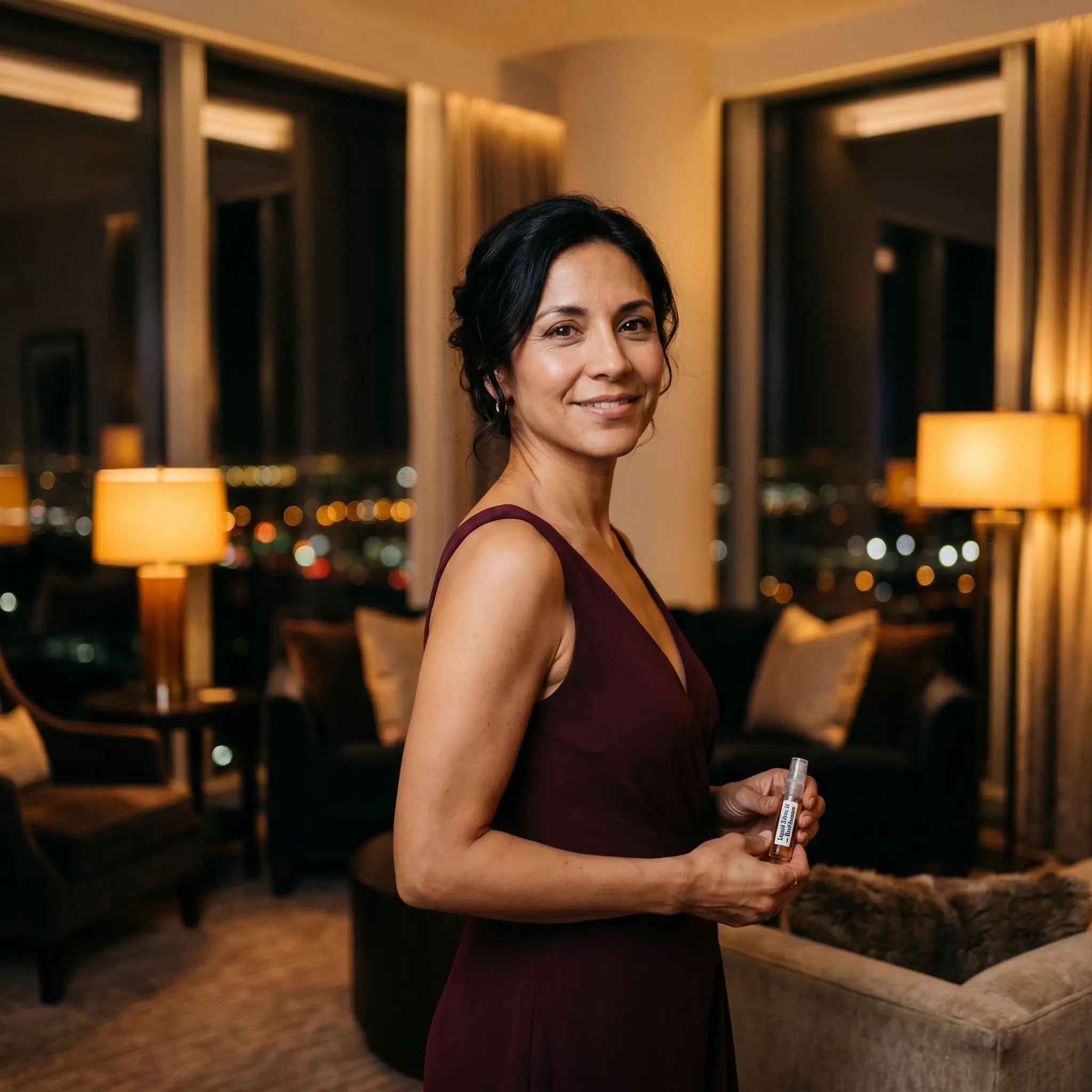 Woman in burgundy dress holding French Avenue Liquid Brun LE decant in luxury hotel suite with city lights
