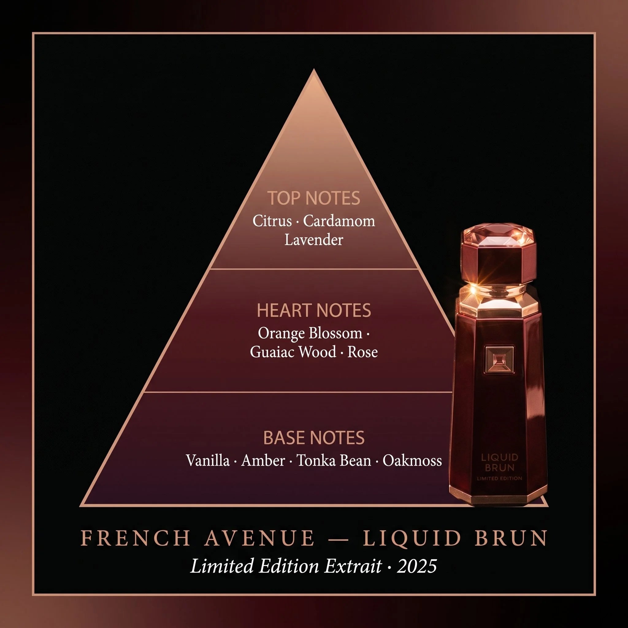 French Avenue Liquid Brun Limited Edition fragrance note pyramid cardamom lavender orange blossom rose vanilla amber tonka oakmoss on dark burgundy background