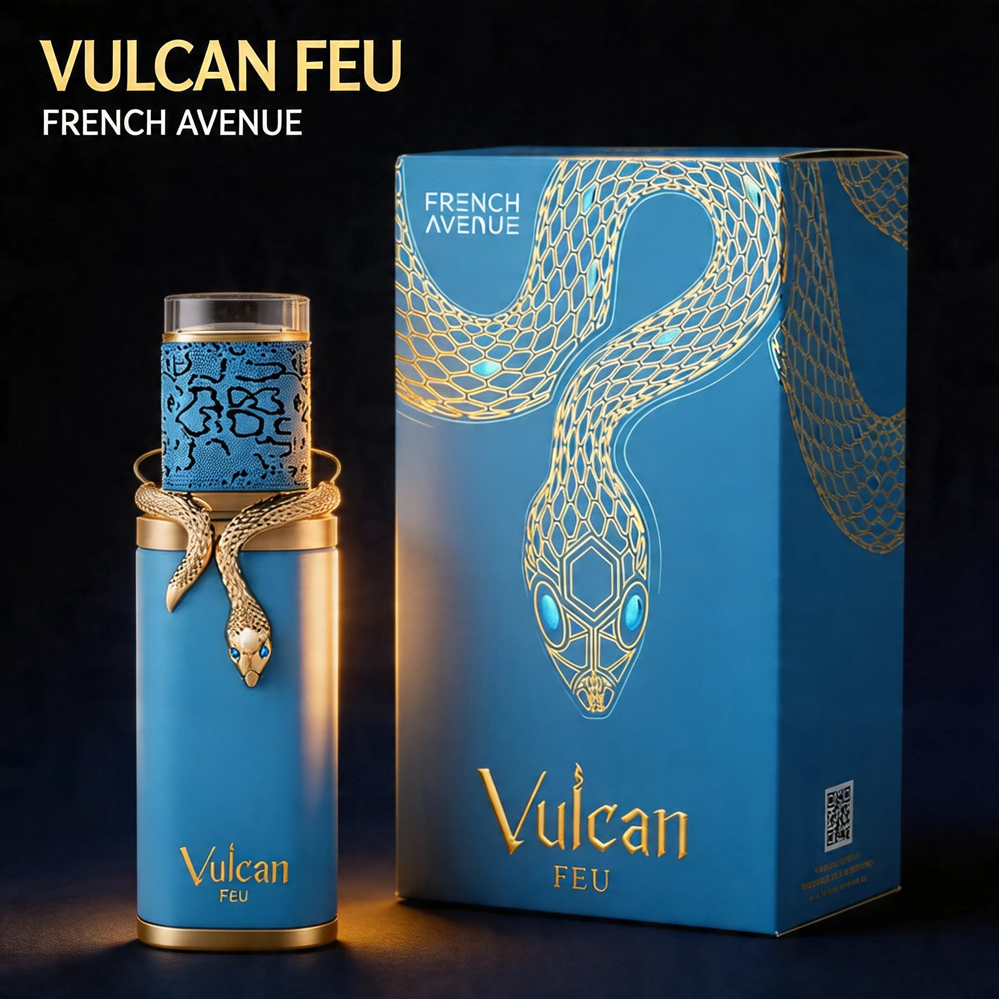 Vulcan Feu perfume bottle and packaging with snake design on a dark background