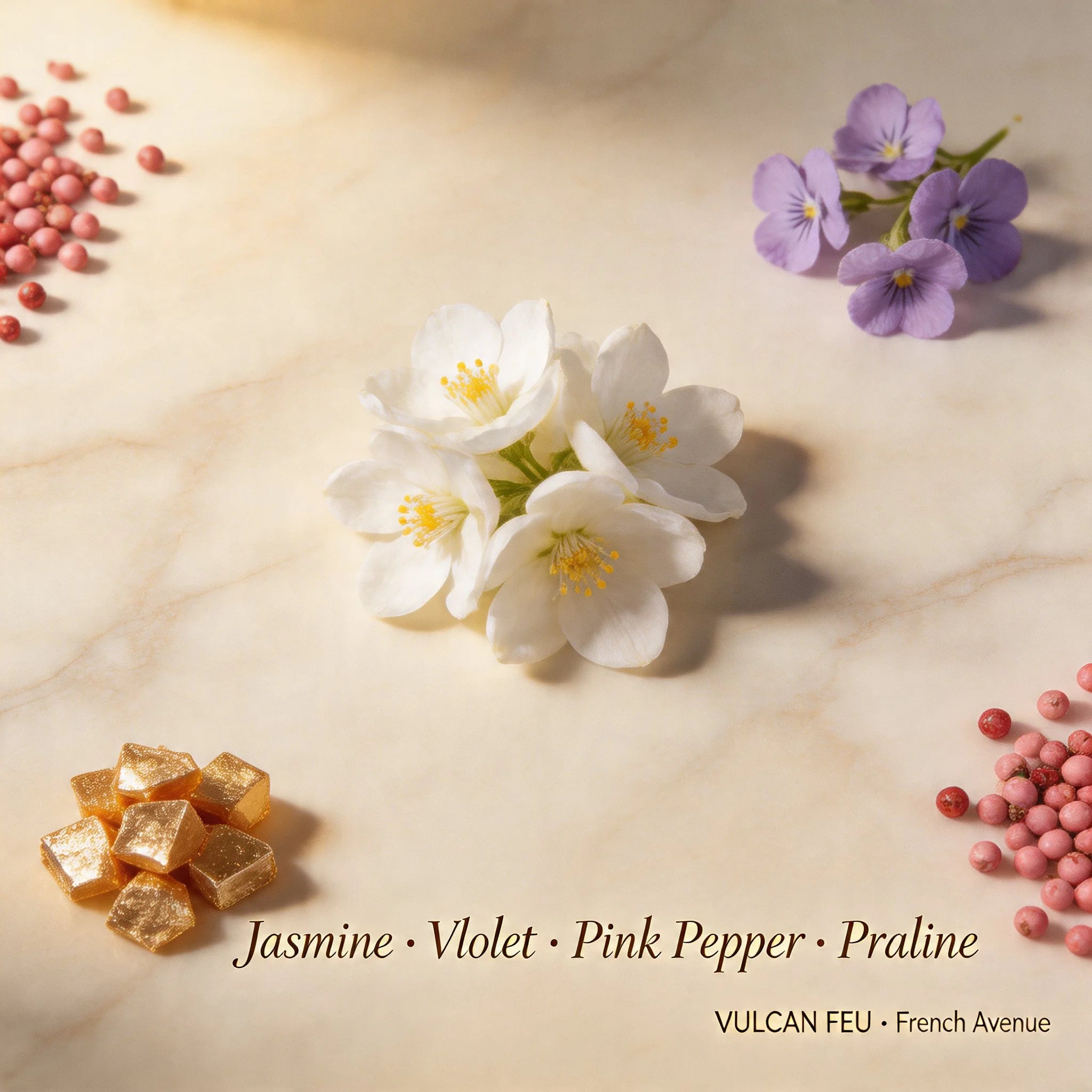 Floral and spice elements on a marble surface with product name and brand text.